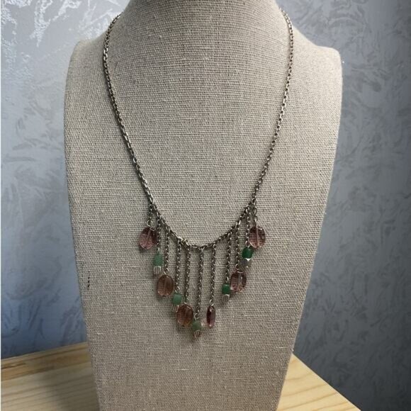 Kenneth Cole Silver Tone Purple Tear Drop Sea Green Beaded Dangle Necklace - Picture 1 of 5